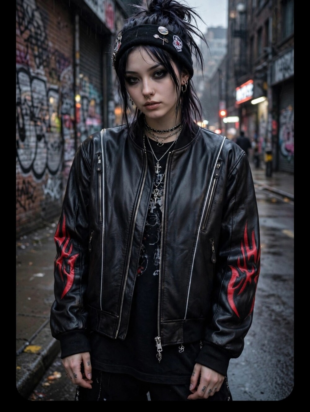 American Vintage Black Leather Bomber Jacket with Red Flame Details